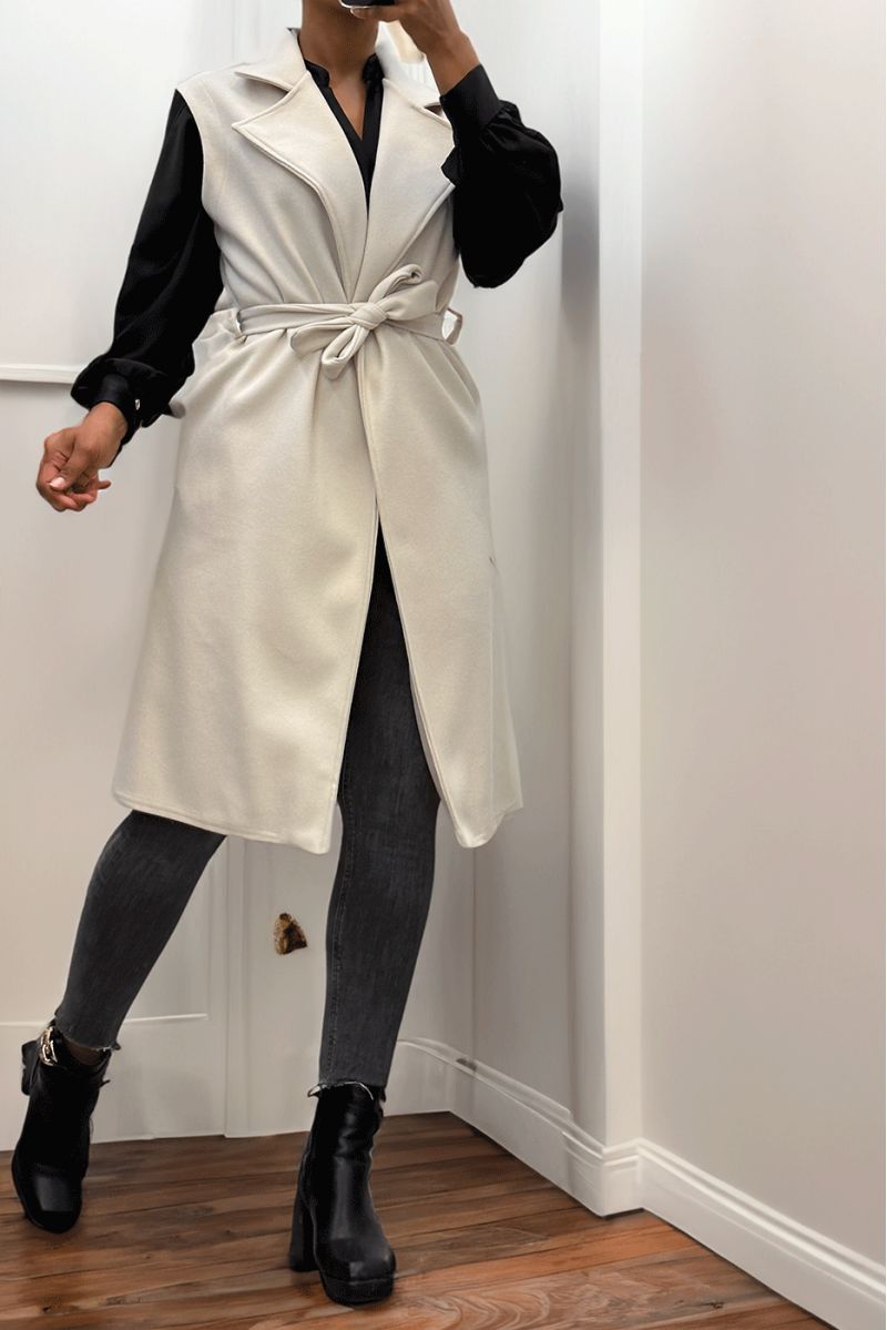 Long beige fluid sleeveless trench coat with belt - 6