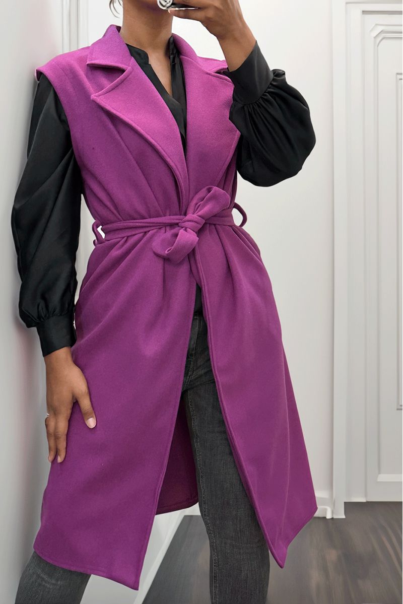Lange soepelvallende lila mouwloze trenchcoat met riem - 1