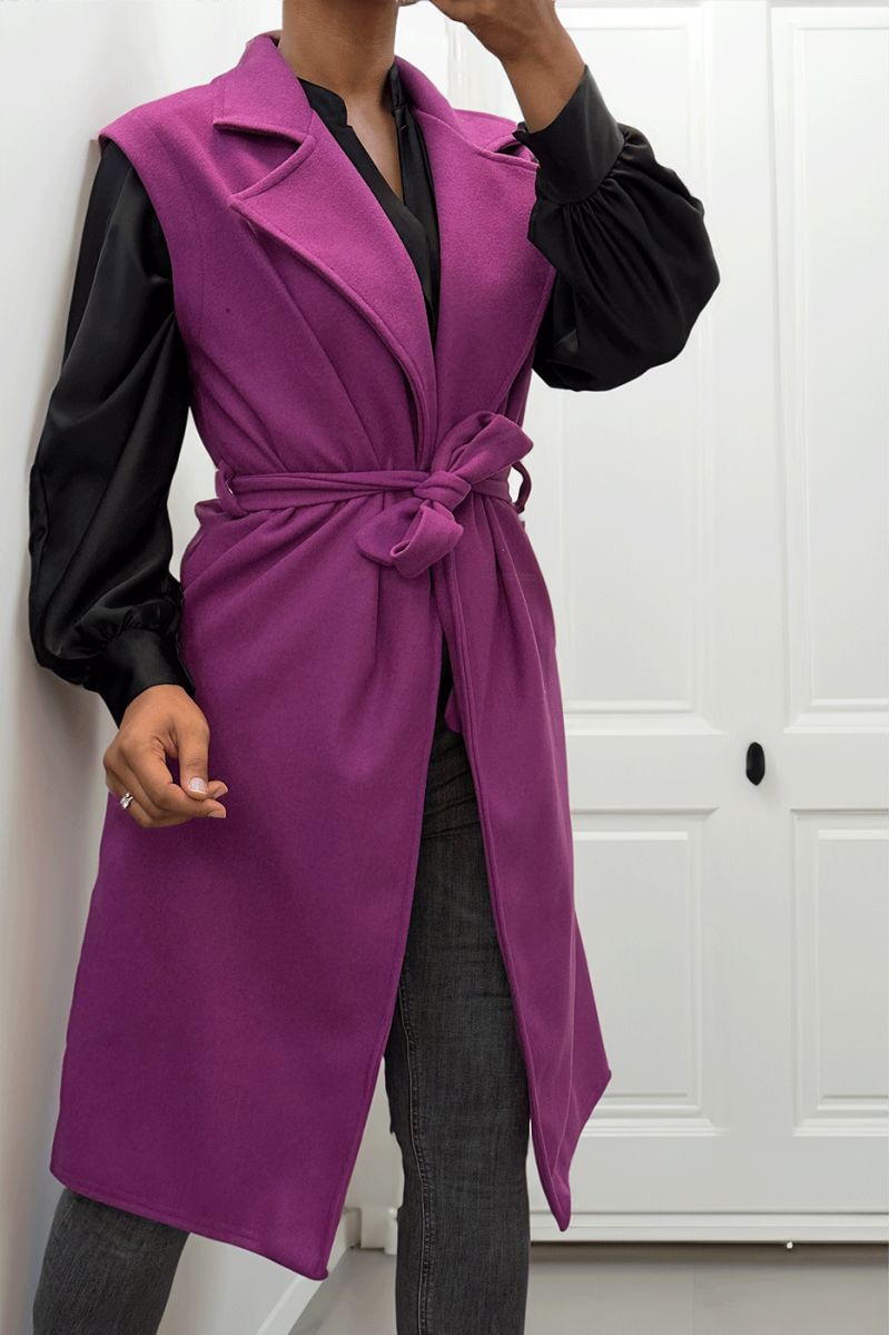 Lange soepelvallende lila mouwloze trenchcoat met riem - 2