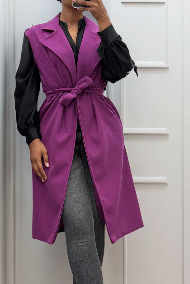 Lange soepelvallende lila mouwloze trenchcoat met riem - 3