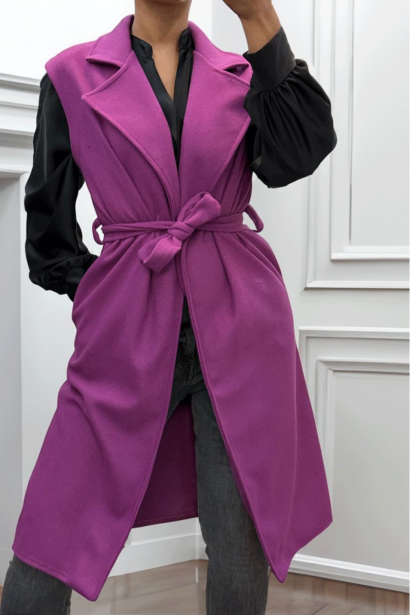 Lange soepelvallende lila mouwloze trenchcoat met riem - 4
