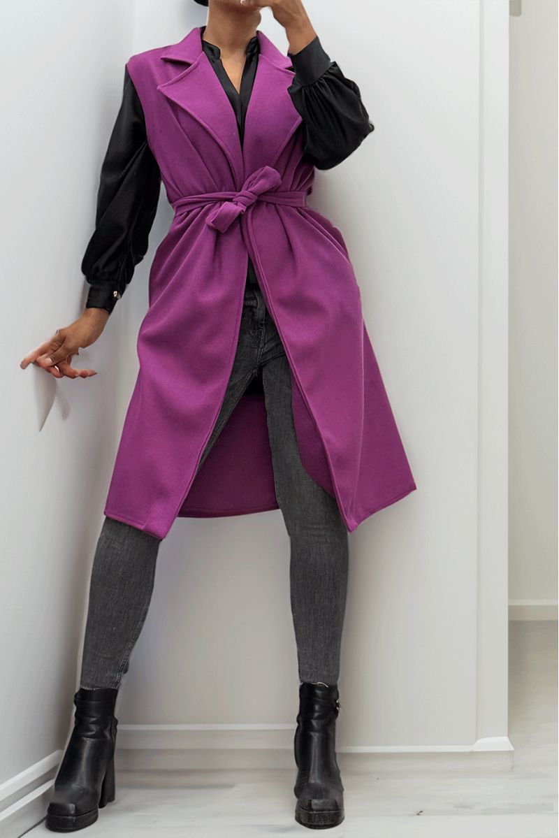 Lange soepelvallende lila mouwloze trenchcoat met riem - 5