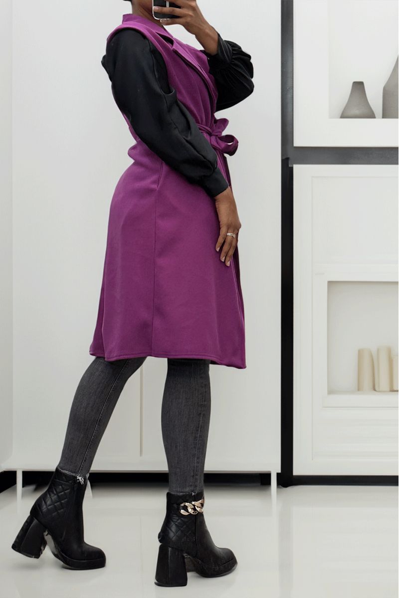 Lange soepelvallende lila mouwloze trenchcoat met riem - 6