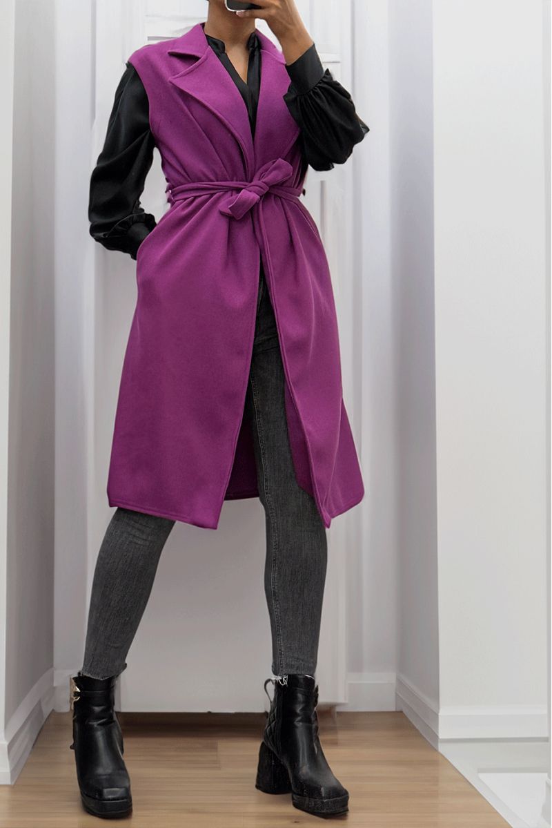 Lange soepelvallende lila mouwloze trenchcoat met riem - 7