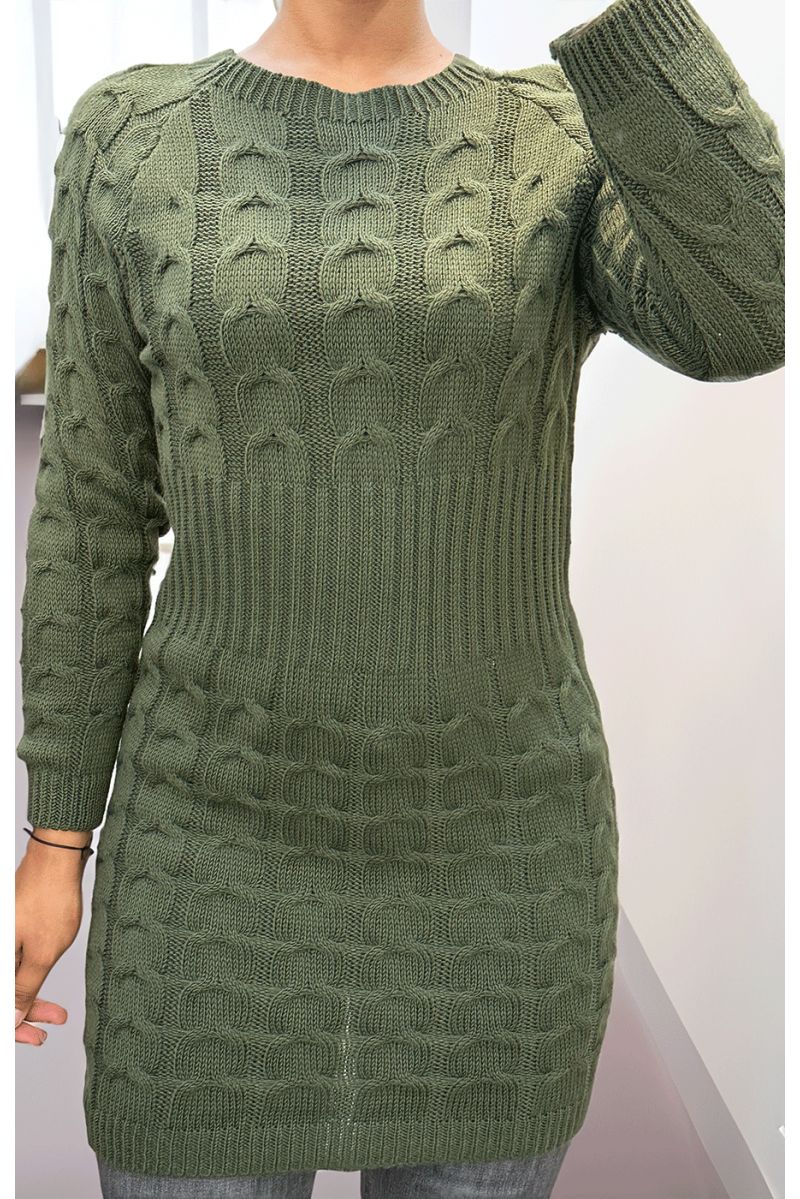 Robe en maille torsadée kaki - 1