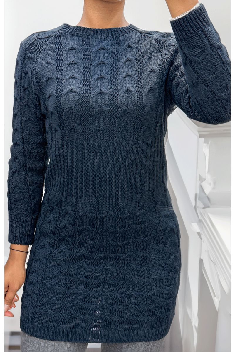 Robe en maille torsadée marine - 1