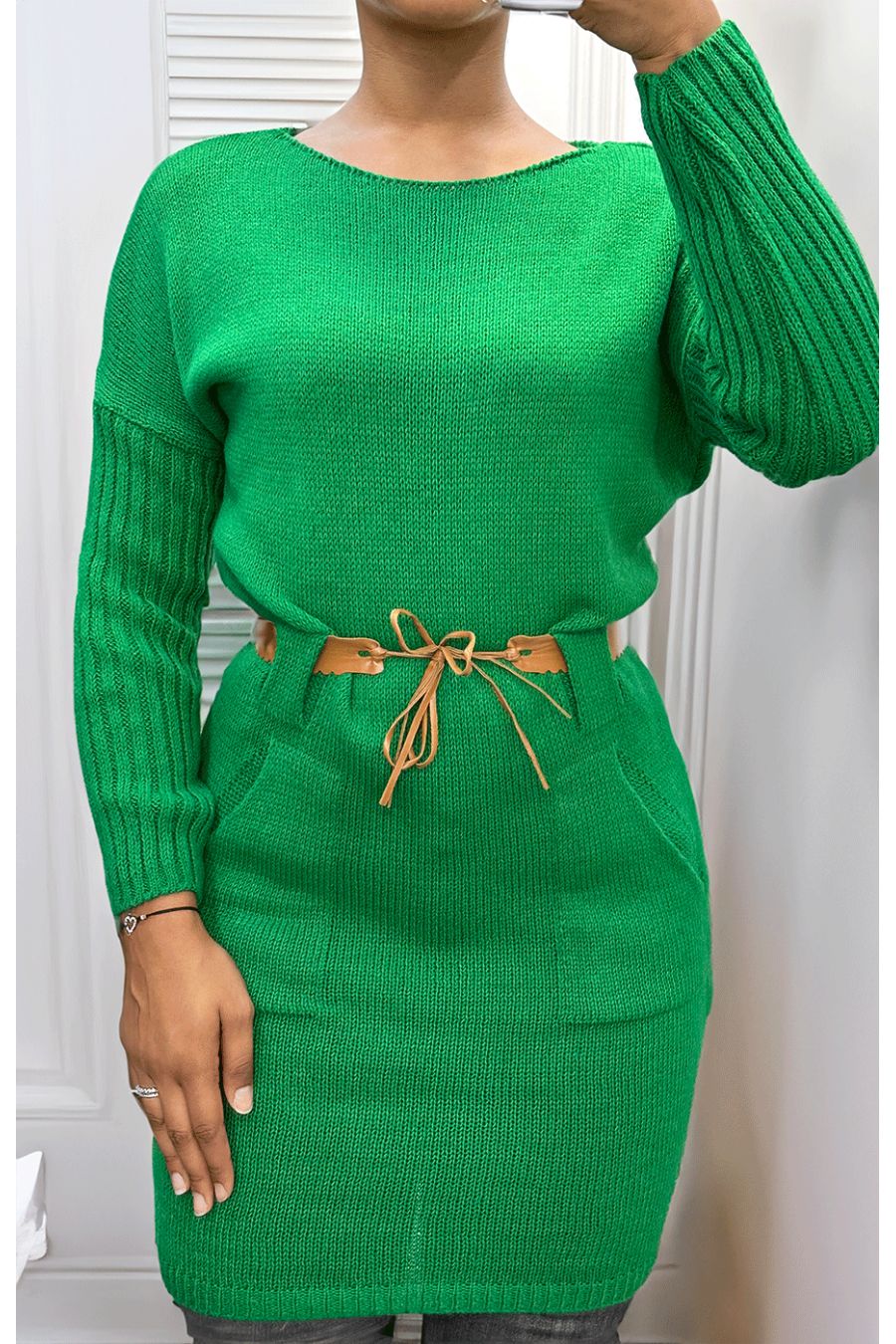 Green cable knit dress with belt - 1