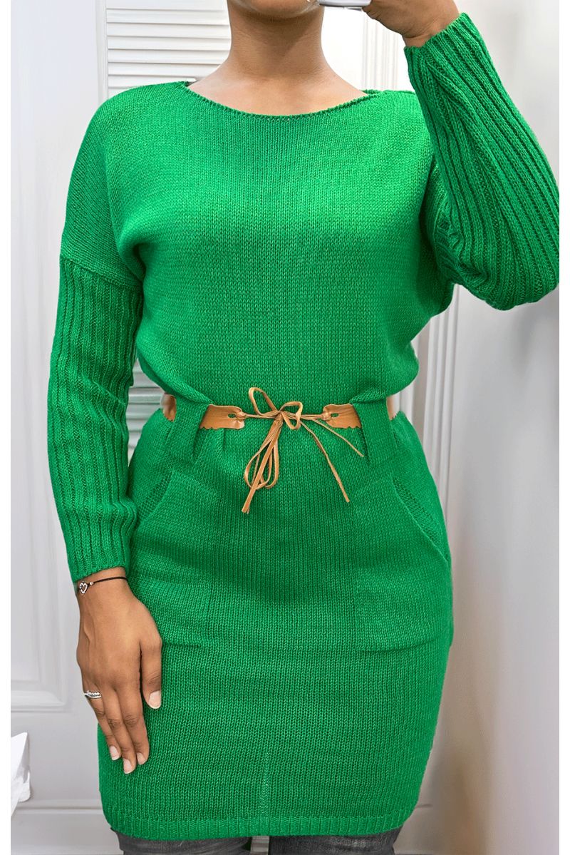 Robe vert en maille torsadée avec ceinture - 1 Robe vert en maille torsadée avec ceinture - 1
