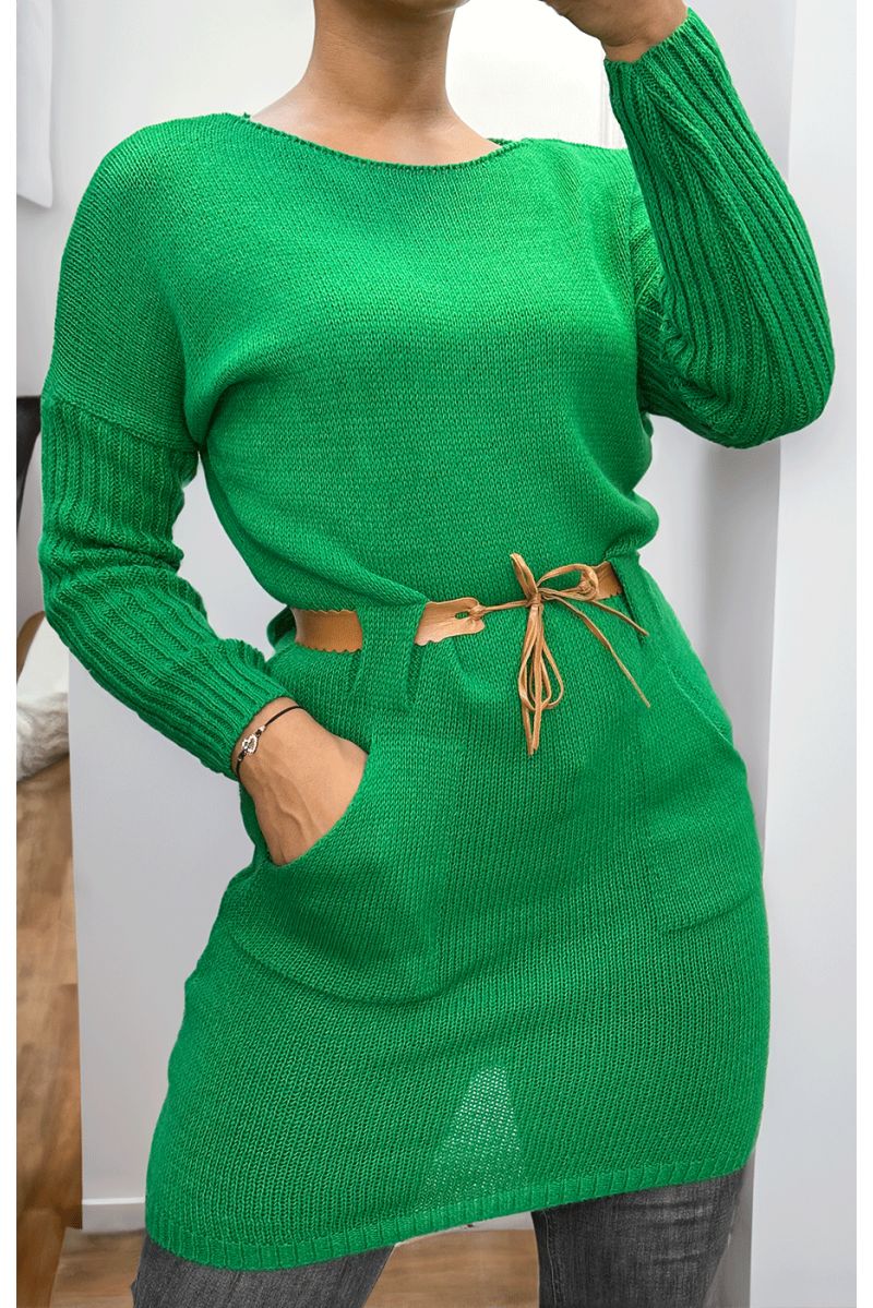Robe vert en maille torsadée avec ceinture - 2 Robe vert en maille torsadée avec ceinture - 2