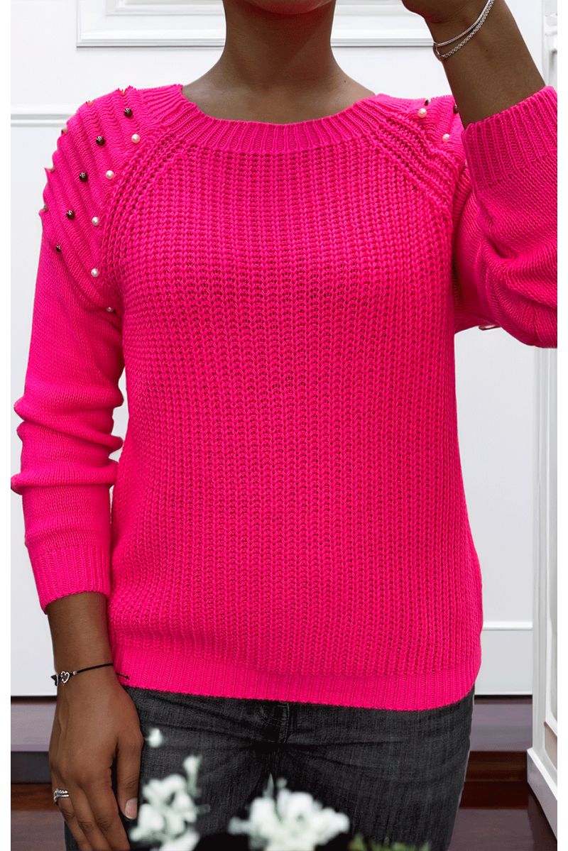 Candy pink cable knit sweater with pearls - 1