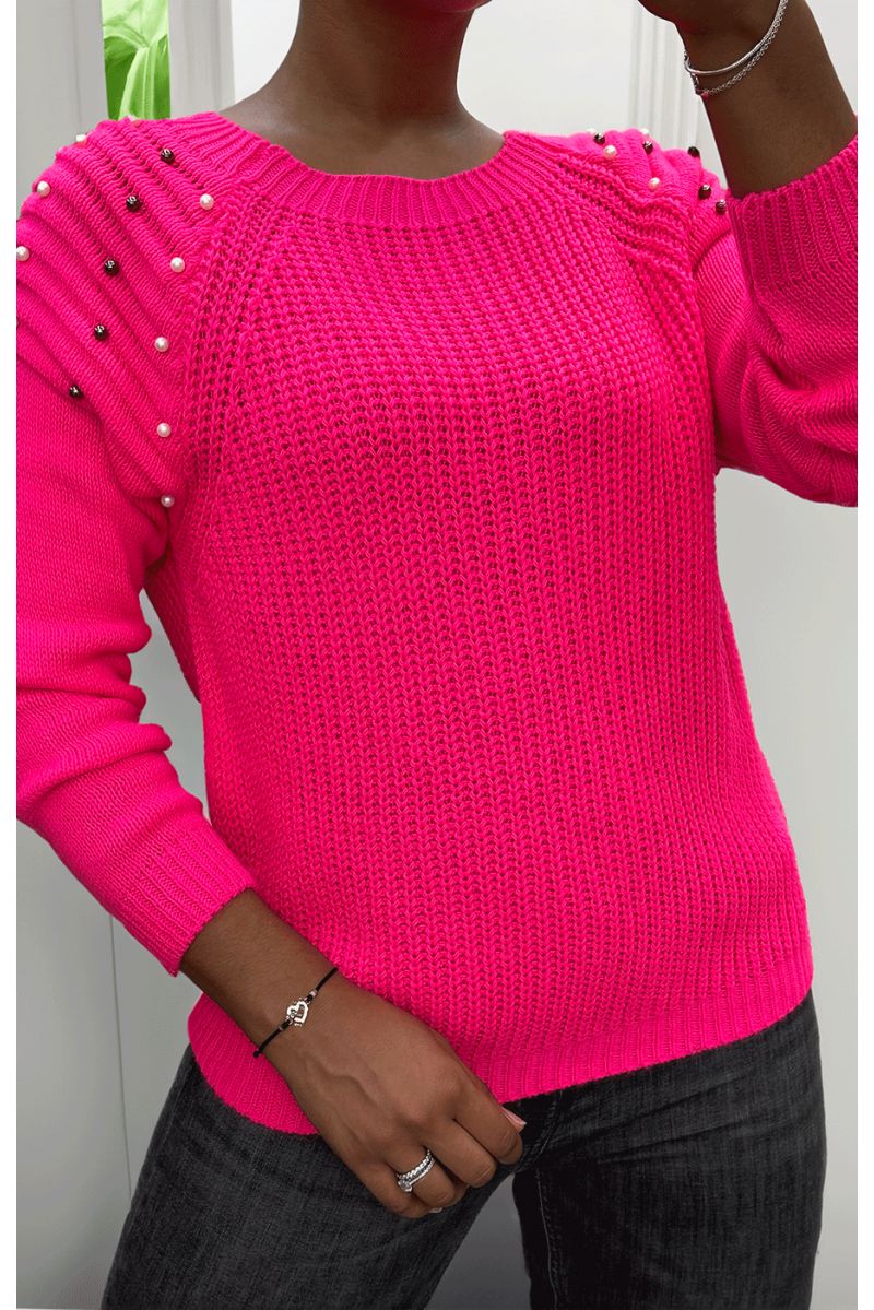 Candy pink cable knit sweater with pearls - 2