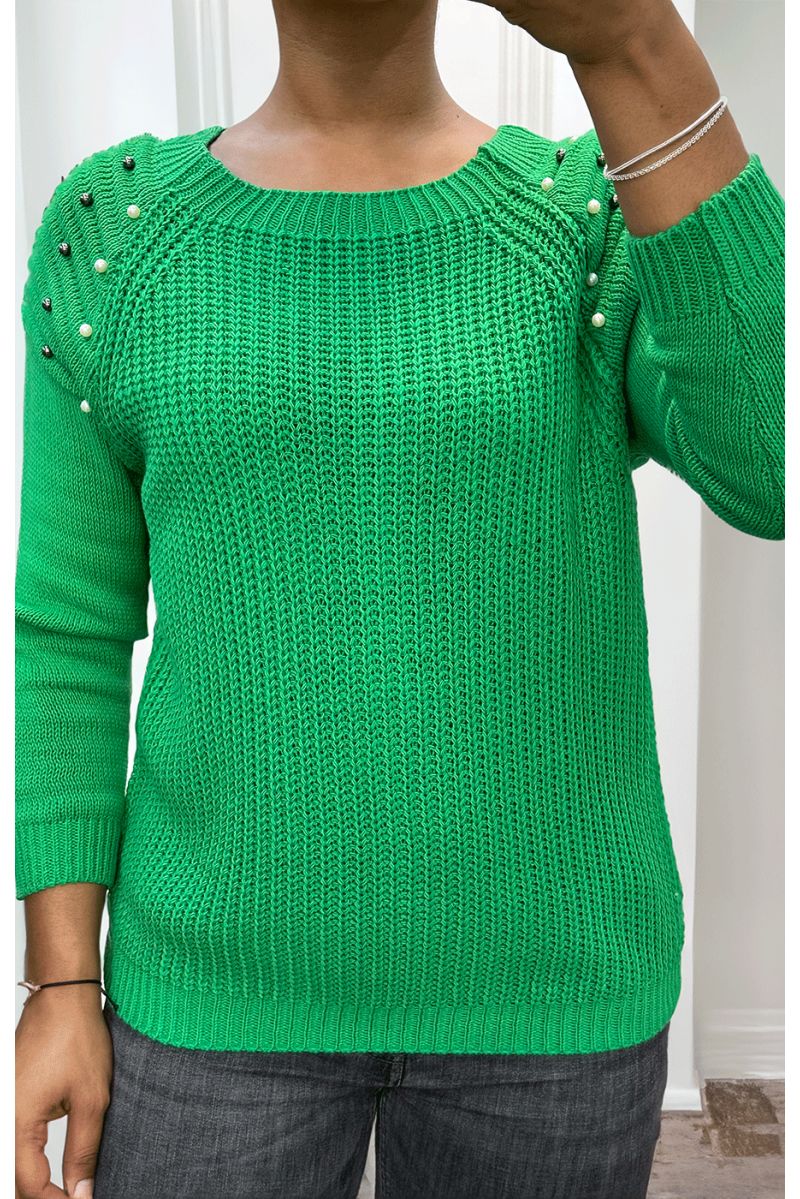 Groene kabelgebreide trui met parels - 1