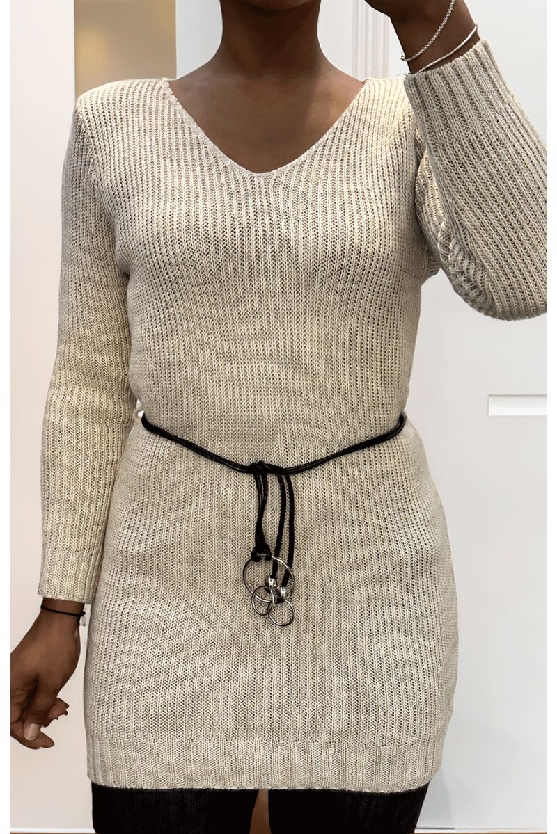 Beige cable knit tunic dress - 1