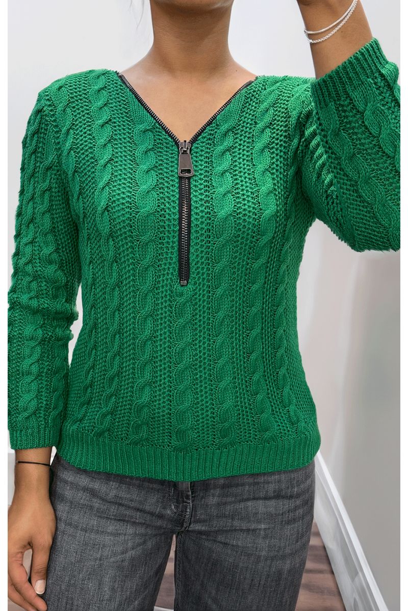 Green cable knit sweater with zip at the collar - 1