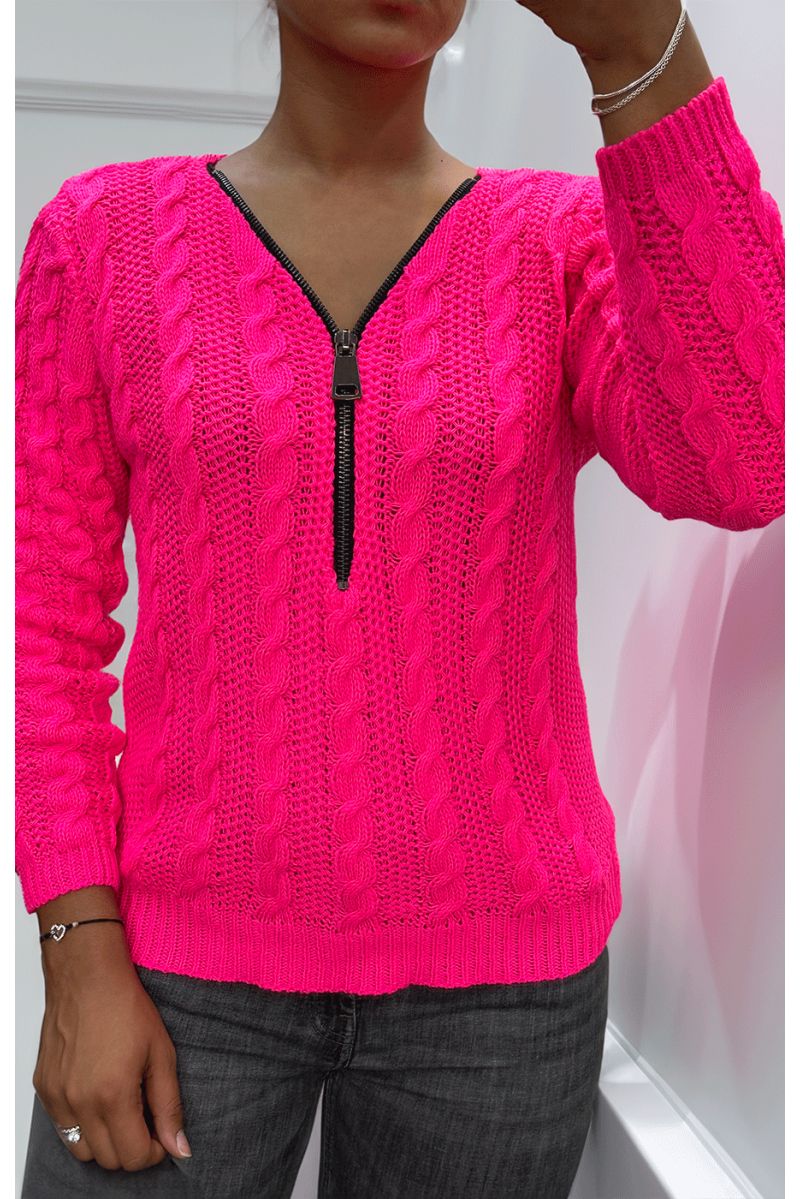 Candy pink cable knit sweater with zip at the collar - 1