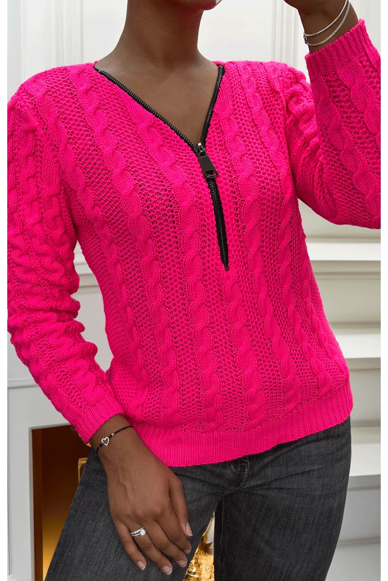 Candy pink cable knit sweater with zip at the collar - 2