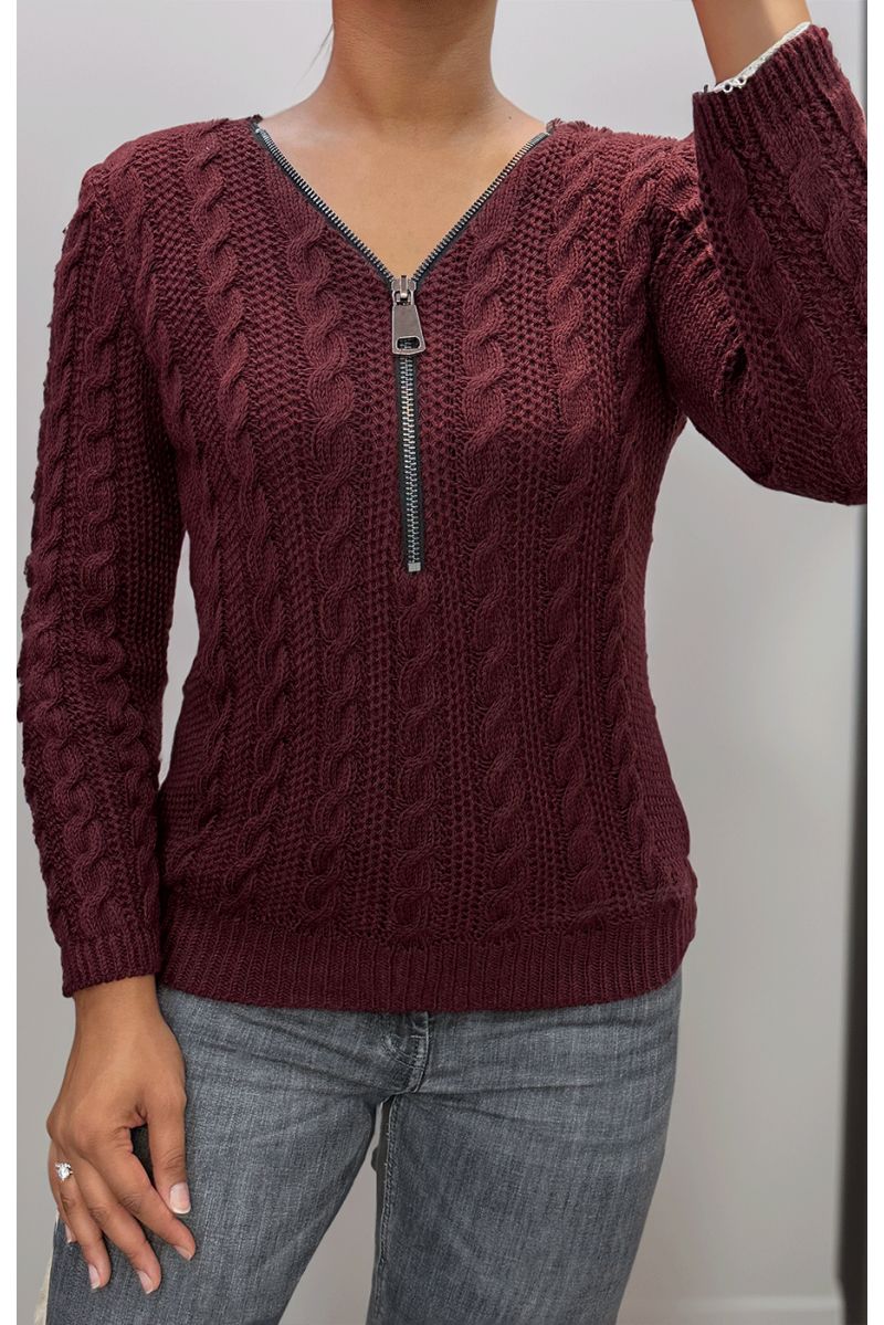 Burgundy cable knit sweater with zip at the collar - 1