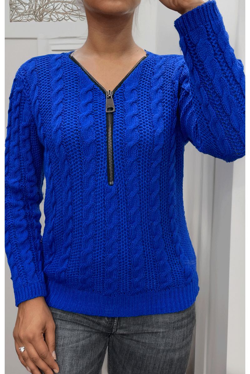 Royal cable knit sweater with zip at the collar - 1