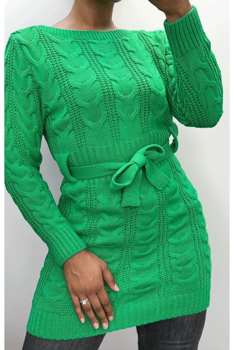Groene kabelgebreide jurk met riem - 1