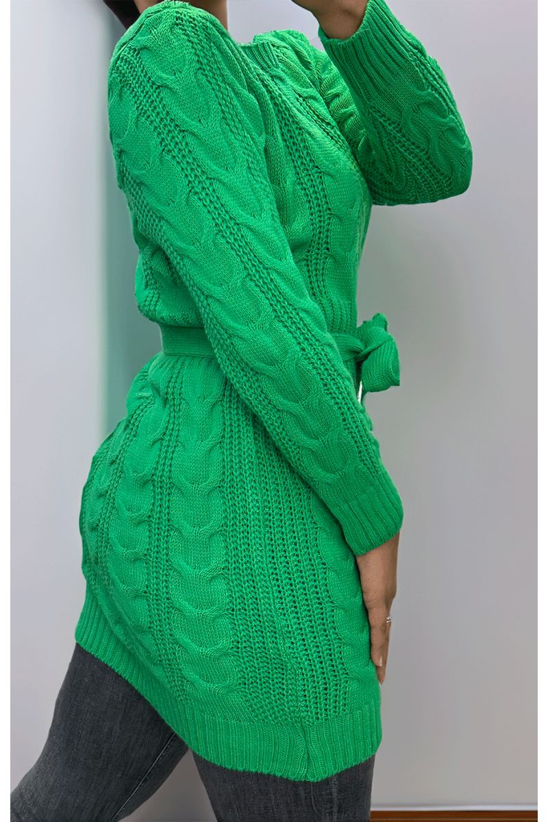Green cable knit dress with belt - 2
