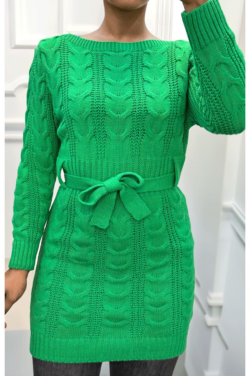 Green cable knit dress with belt - 3