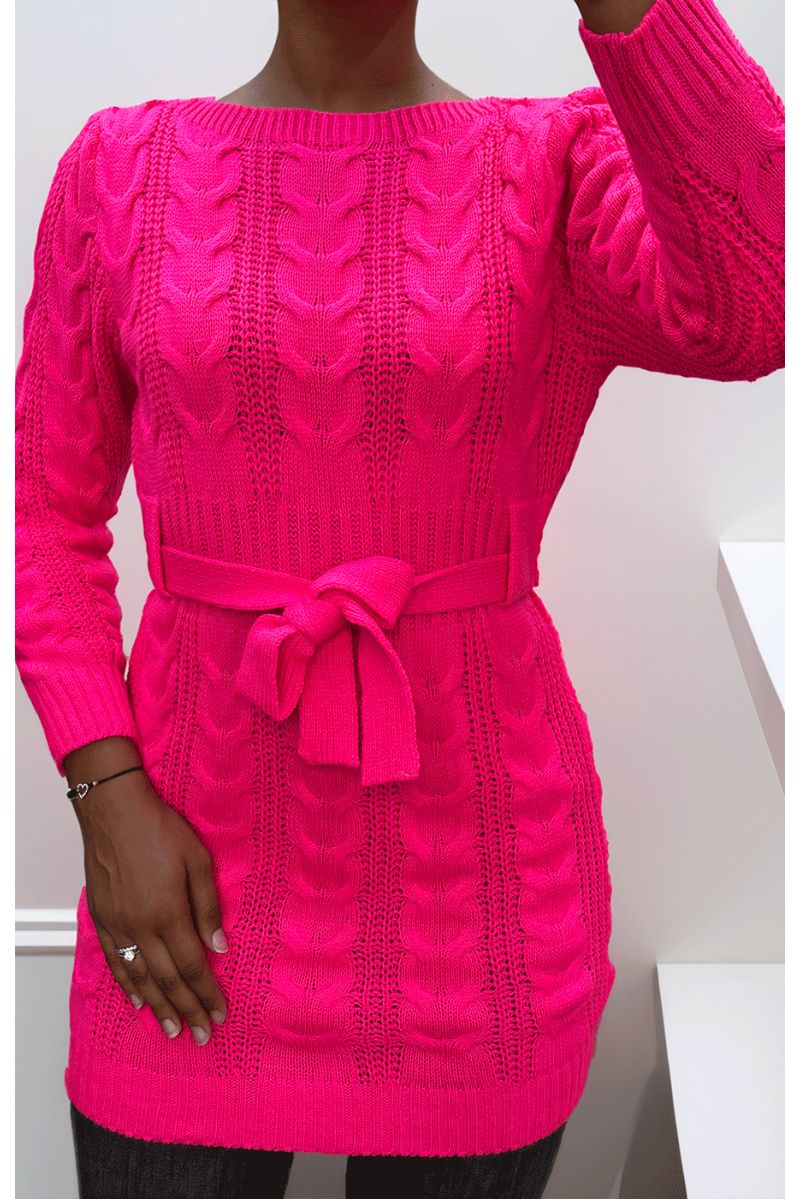 Robe rose bonbon en maille torsadée avec ceinture - 1