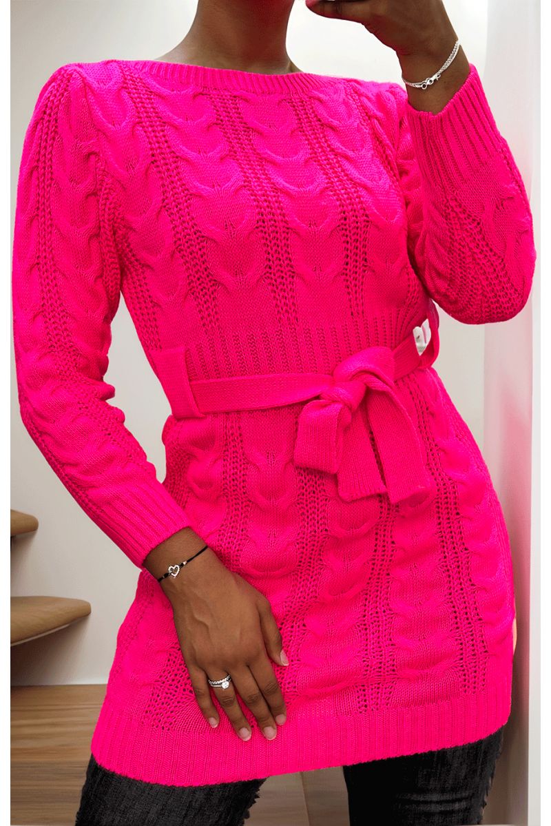 Candy pink cable knit dress with belt - 2
