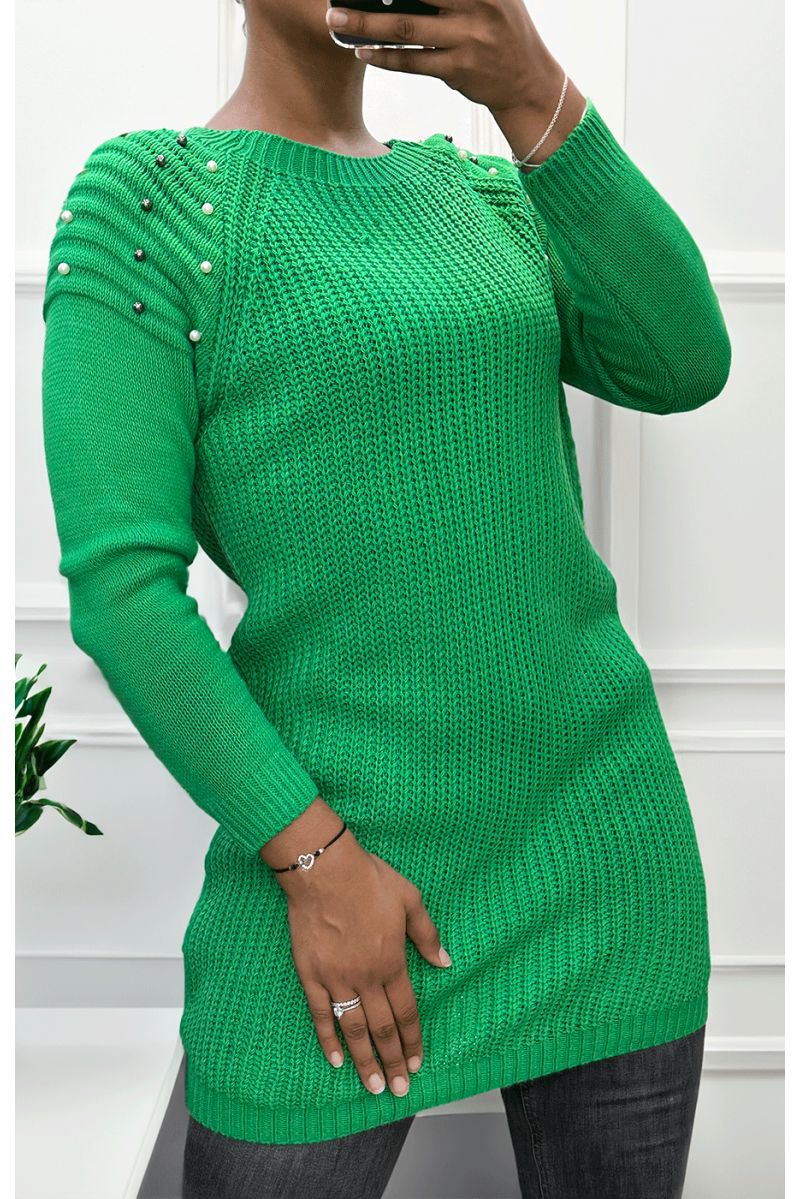 Groene kabelgebreide jurk met parel - 2