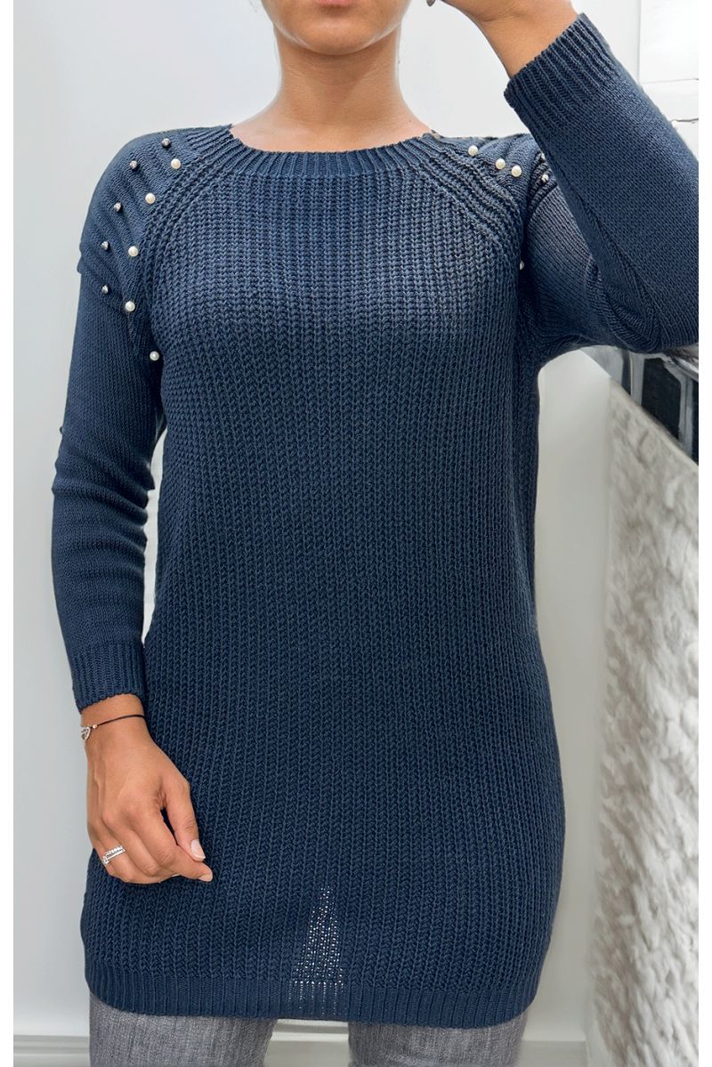 Marineblauwe kabelgebreide jurk met parel - 1