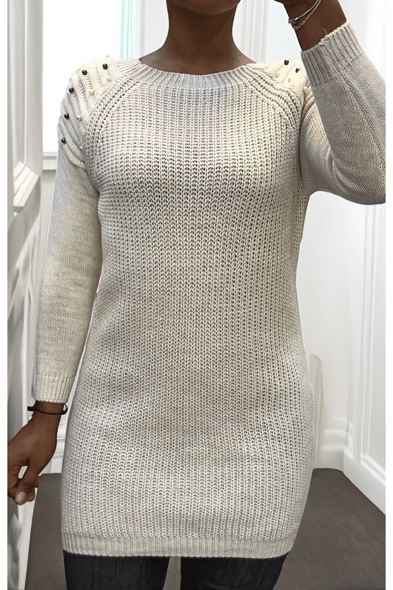 Beige cable knit dress with pearl - 1 Beige cable knit dress with pearl - 1
