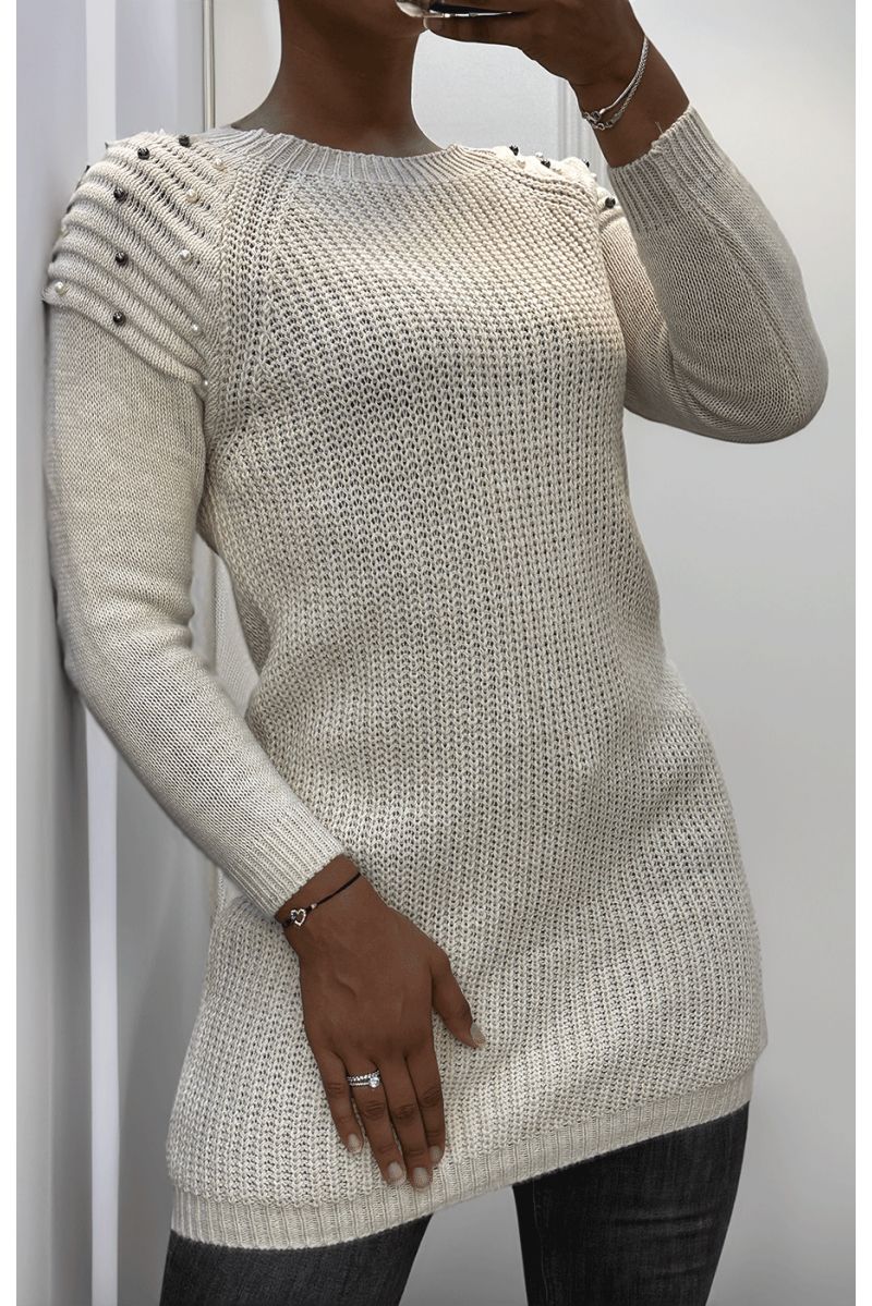 Beige kabelgebreide jurk met parel - 2 Beige kabelgebreide jurk met parel - 2