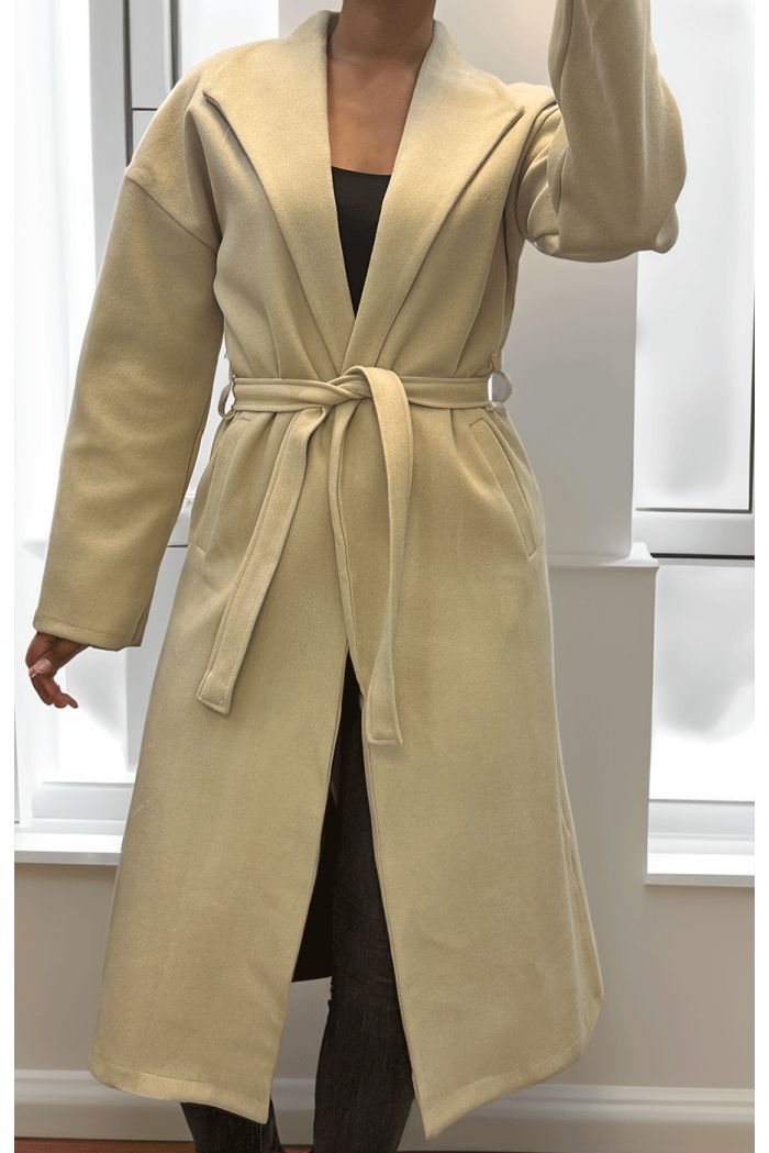 Long flowing taupe trench coat with belt