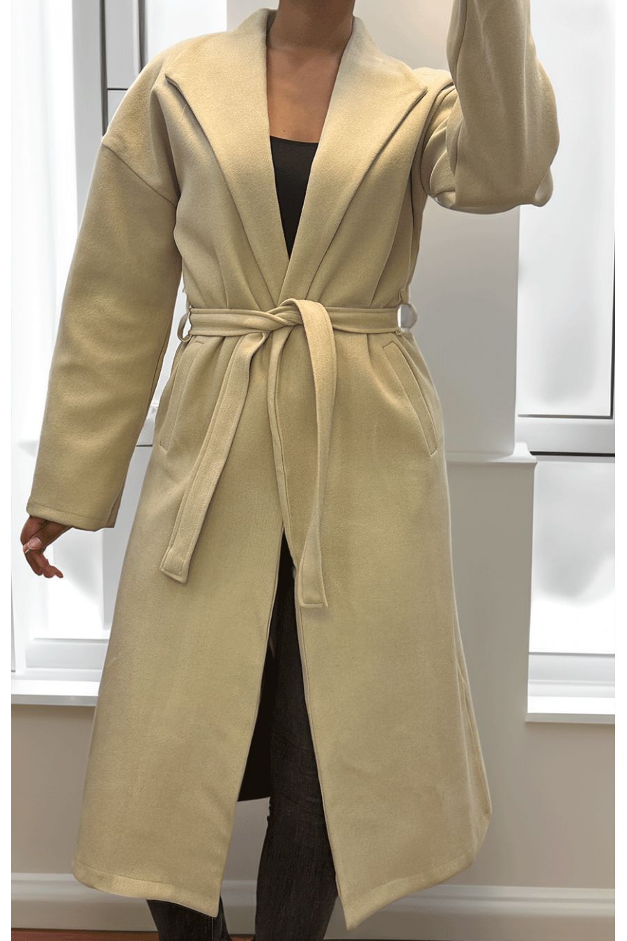 Long flowing taupe trench coat with belt - 1