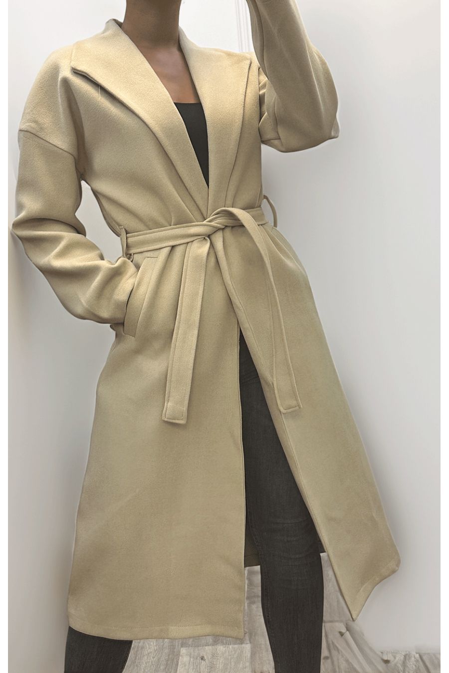Long flowing taupe trench coat with belt - 2