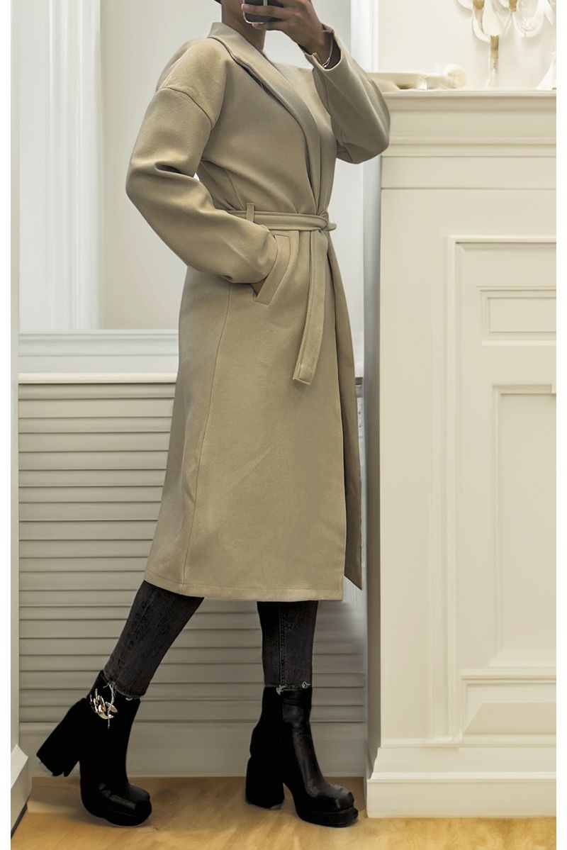 Trench long fluide taupe avec ceinture  - 4