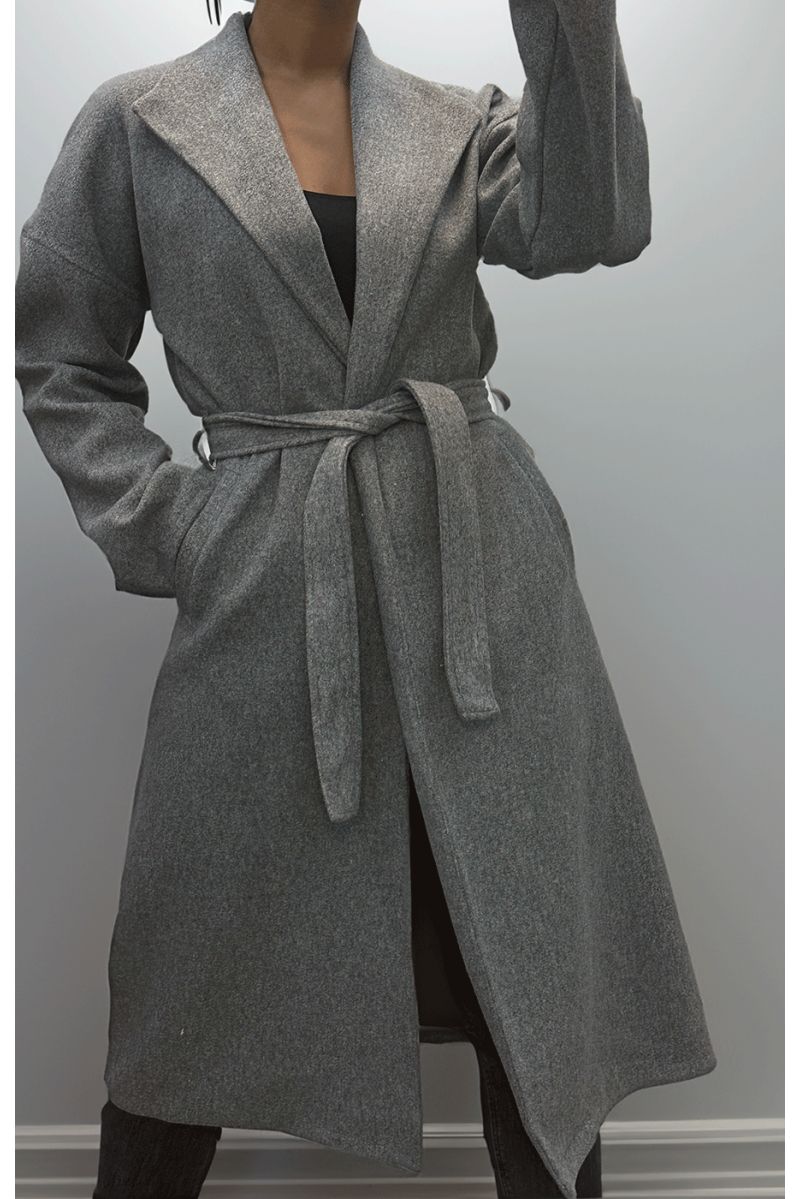 Lange grijze soepelvallende trenchcoat met riem - 2