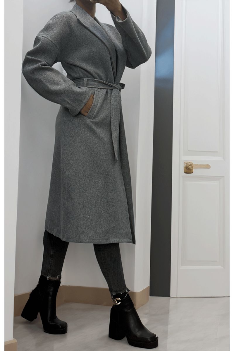 Lange grijze soepelvallende trenchcoat met riem - 4