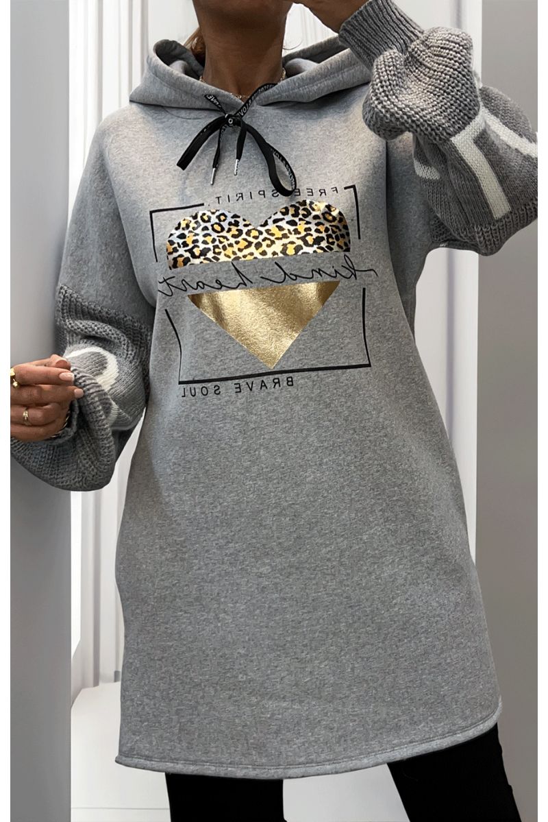 Robe tunique gris avec capuche - 1