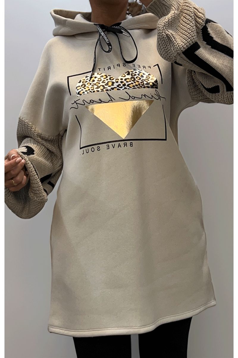 Beige tunic dress with hood - 1