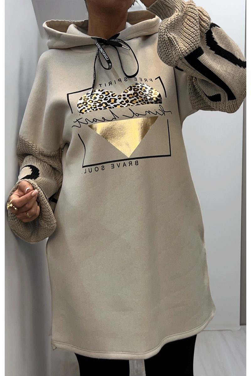 Beige tunic dress with hood - 2