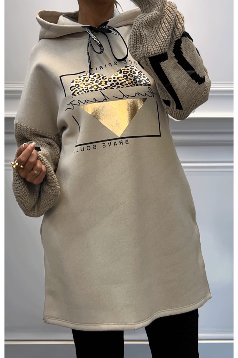 Beige tunic dress with hood - 3