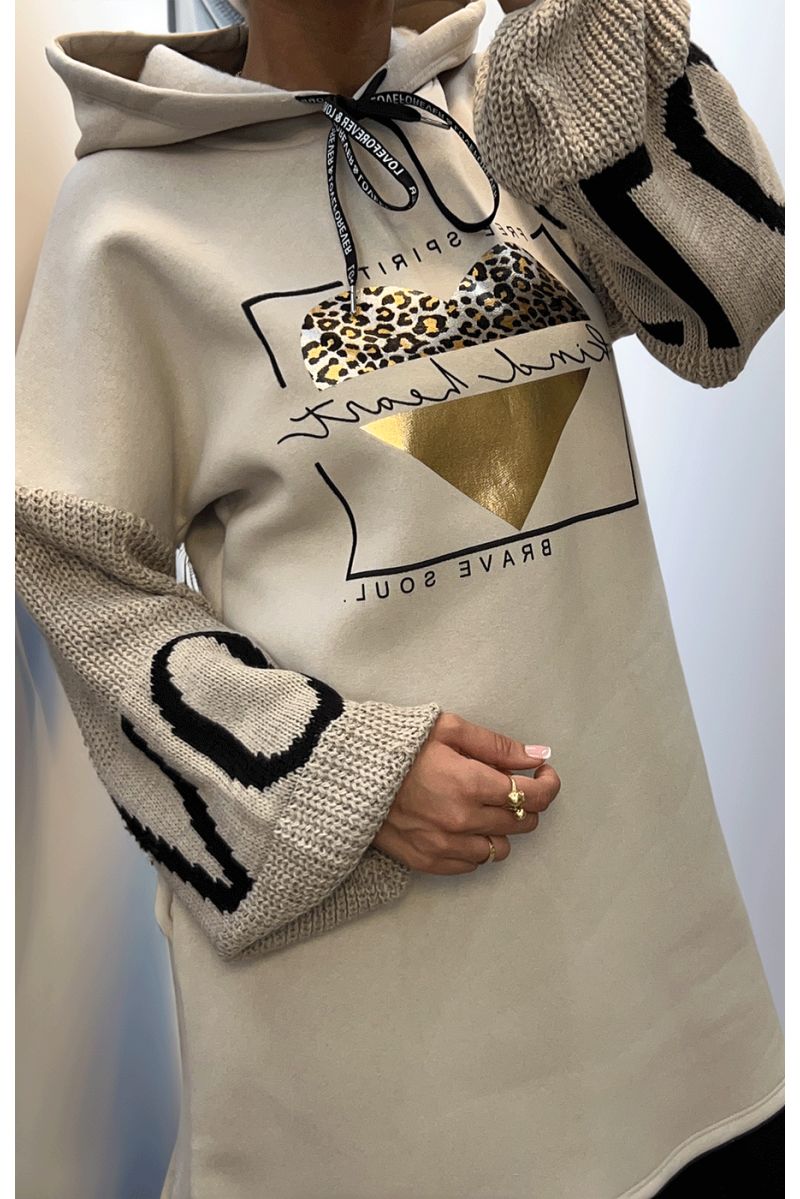 Beige tunic dress with hood - 4
