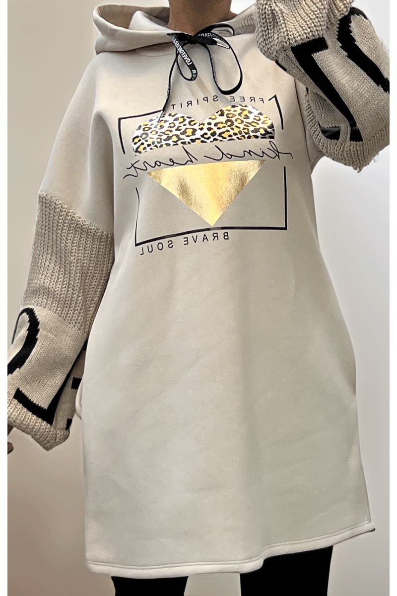 Beige tunic dress with hood - 5