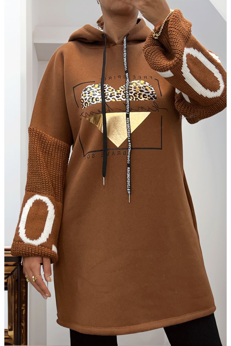 Camel tunic dress with hood - 1