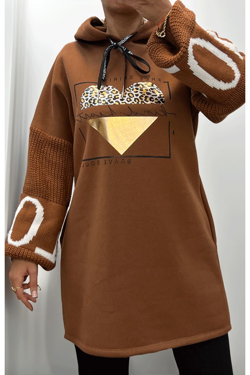 Camel tunic dress with hood - 2