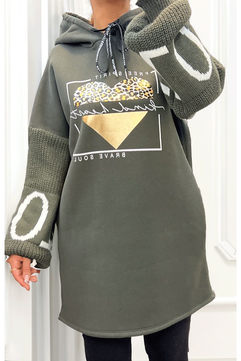 Khaki tunic dress with hood - 1