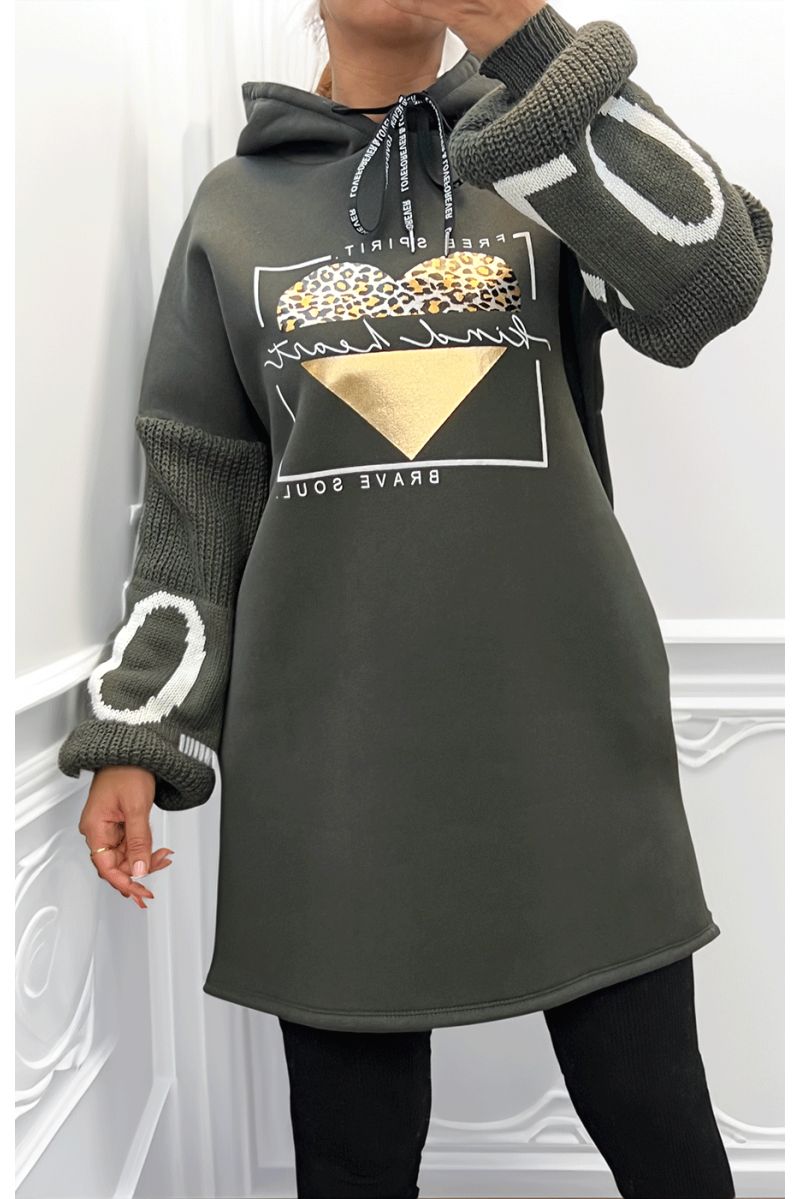 Khaki tunic dress with hood - 2