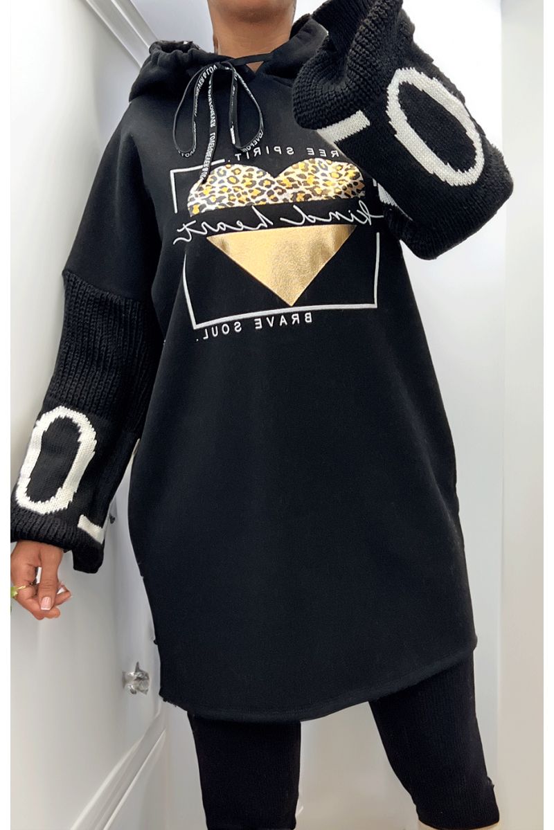 Robe tunique noir avec capuche - 1