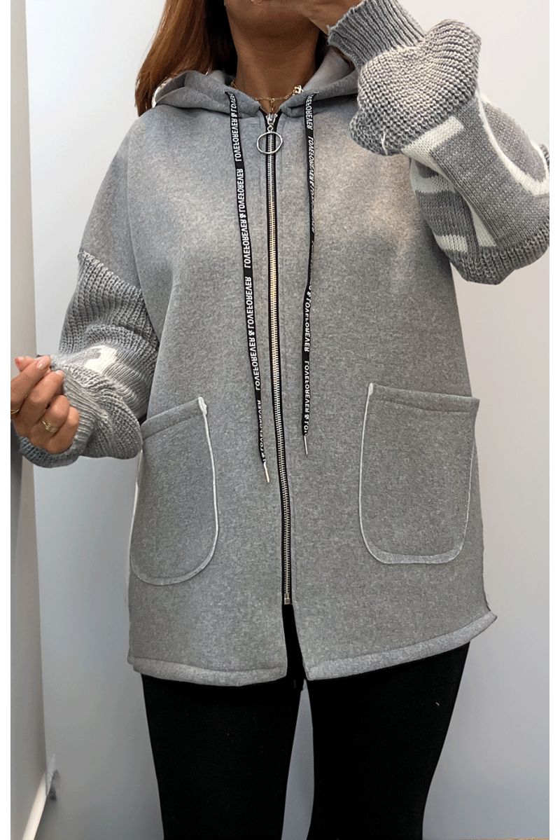 Gray cardigan with knit sleeves - 1