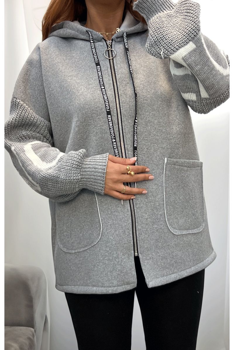 Gray cardigan with knit sleeves - 2